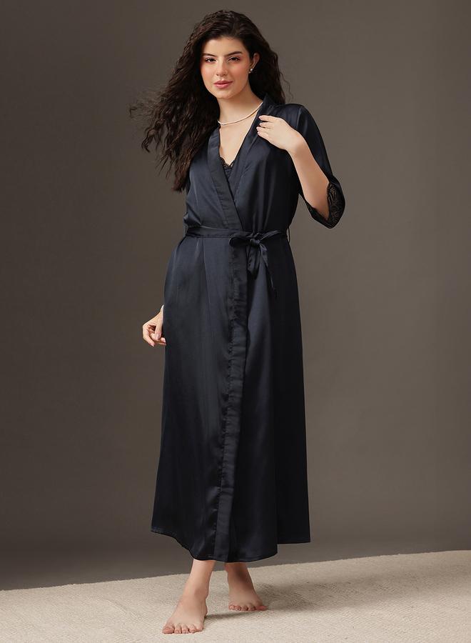 Clovia Women Black Satin Nightdress with Robe Set - Image 2